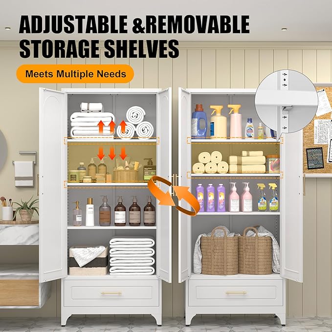 Metal Storage Cabinet with Doors and Shelves, 75" Tall Kitchen Pantry Storage Cabinets with Drawer, White Pantry Cabinet, Steel Office Cabinets, Large Cupboard - Assembly Required