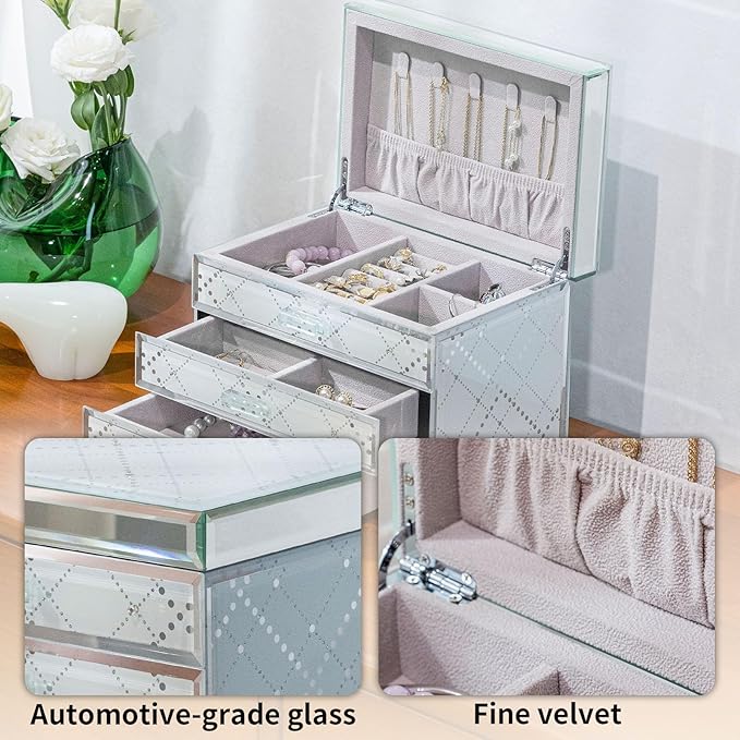 Glass Jewelry Box,Plaid & Sparkling Diamonds, 3-Tier Organizer for Women Girls,Jewelry Gift Decorative Boxes, Art Painting Tabletop Ornament Organizer For Earring Necklace Christmas Gifts