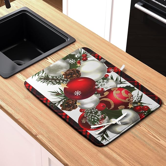 Kwlegh Christmas Red Buffalo Plaid Dish Drying Mat for Kitchen Counter 16x18 Inch Winter Xmas Ball Snowflake Pine Cones Dishes Drying Mat Microfibe Super Absorbent Dish Rack Pad for Coffee Bar Sinks