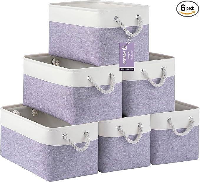 Large Storage Baskets- 15x11x10 inch Storage Bins for Shelves and Closet Organizing, Foldable Fabric Bin for Home Organization Clothes and Laundry (6-Pack, White&Purple)