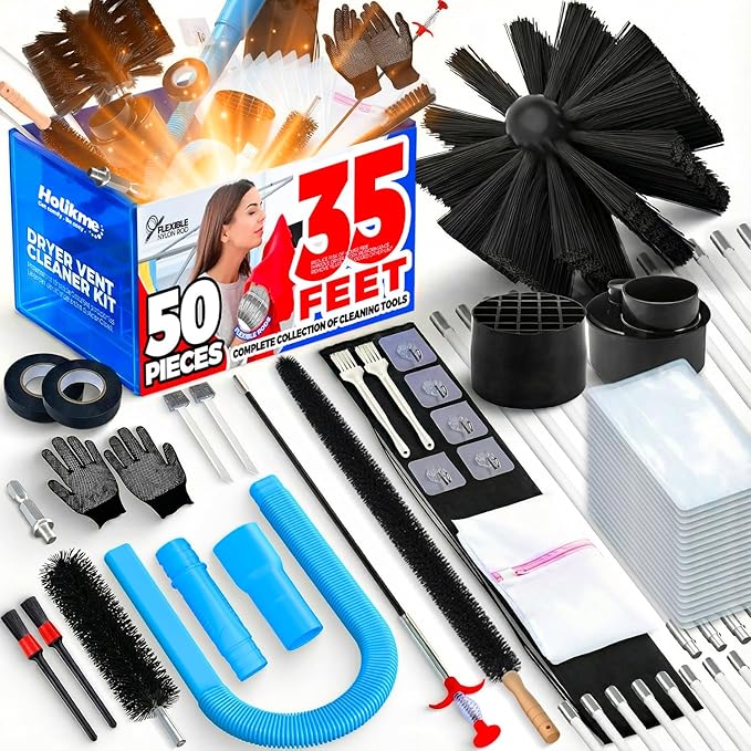 Holikme 50 Pieces 35 Feet Dryer Vent Cleaner Kit, Dryer Cleaning Tools, Include Dryer Vent Brush, Omnidirectional Blue Dryer Lint Vacuum Attachment, Dryer Lint Trap Brush, Vacuum & Dryer Adapters