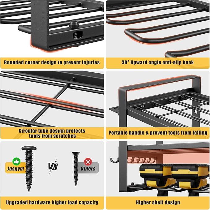 Power Tool Organizer Wall Mount, 3-Tier Tool Storage Rack with 8 Drill Holders, 300LBS Load Heavy Duty Cordless Tool Shelf for Garage Organization, Gift for Men