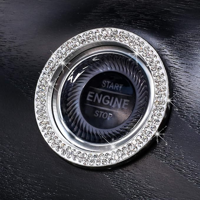 ToBeQueen Push to Start Button Cover 4Pcs Auto Engine Start Stop Bling Car Decor for Women Girl Diamond Rhinestone Rings Stickers, Bedazzled Accessories