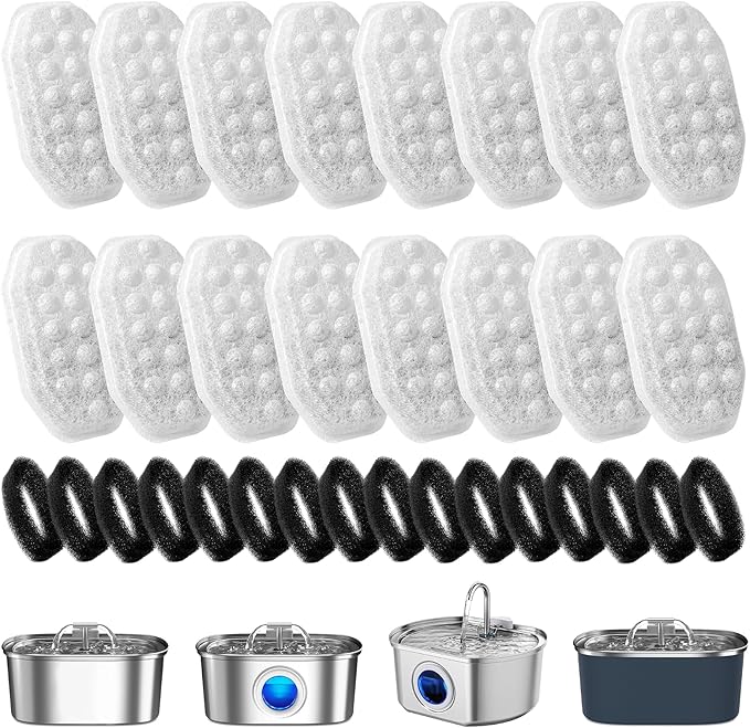16 Pcs Cat Water Fountain Replacement Filters & Pre-Filter Sponges for Rellaty Neareal 108oz/3.2 Automatic Stainless Steel Pet Water Fountain with Level Window Filter Replacement for Neareal Waterer