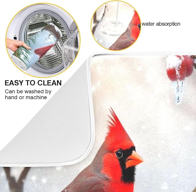 Winter Cardinal Birds Dish Drying Mat for Kitchen Countertop 18x24 Christmas Poinsettia Berry Snow Large Drying Mat Reusable Quick Dry Dish Sink Mats Easy Clean Decorative Essentials