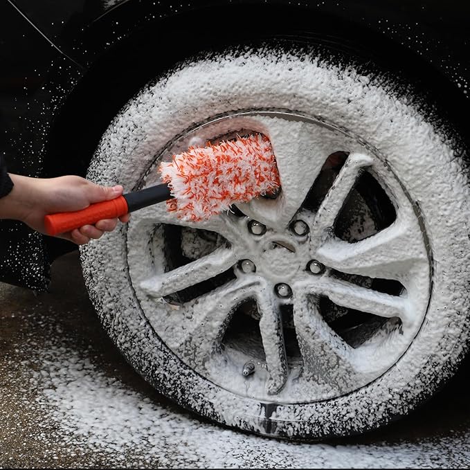 Microfiber Wheel Brush, SPTA Removable Car Wheel Cleaning Brush with 2 Interchangeable Microfiber Covers, Bendable, Firm Rim Cleaner Brush for Wheel Cleaning, Long Non-Slip Handle and Flat Head