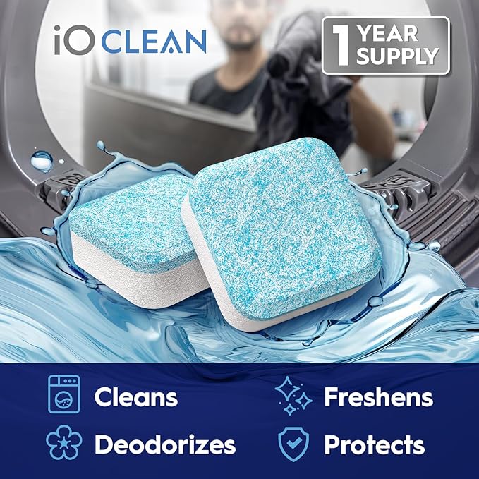 iO CLEAN Washing Machine Cleaner Descaler Tablets, 24 Count (1 Year Supply) – Deep Clean Washer Cleaner Tablets for HE Front Load & Top Load – Unscented Washing Machine Descaler for Odor Control