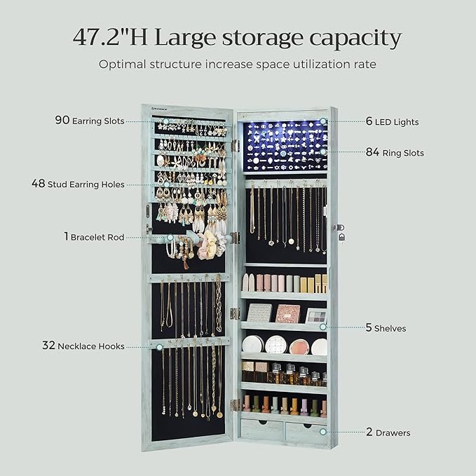 SONGMICS 6 LEDs Mirror Jewelry Cabinet, 47.2-Inch Tall Lockable Wall or Door Mounted Jewelry Armoire Organizer with Mirror, 2 Drawers, 3.9 x 14.6 x 47.2 Inches, Rustic Green UJJC93UJ