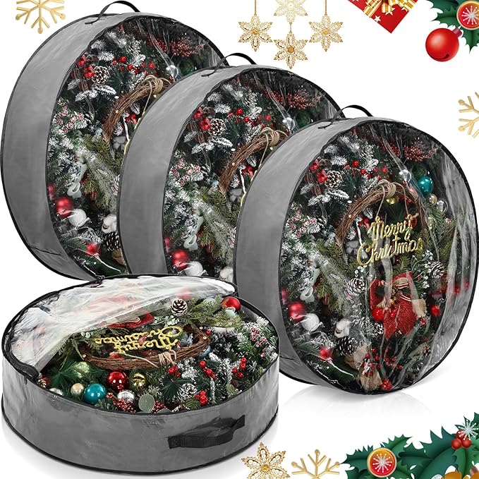 Aliceset 4 Pack Wreath Storage Containers, Christmas Ornament Garland Wreath Storage Bags with Handle Dual Zipper Large Decorative Storages Box for Winter Wreaths(24 x 24 x 7.8 Inch,Gray)