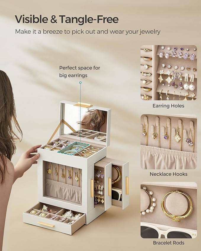 SONGMICS Jewelry Box with Glass Window, 5-Layer Jewelry Organizer with 3 Side Drawers, Jewelry Storage, with Big Mirror, Modern, 5.1 x 7.9 x 9.7 Inches, Cloud White and Metallic Gold UJBC172W01