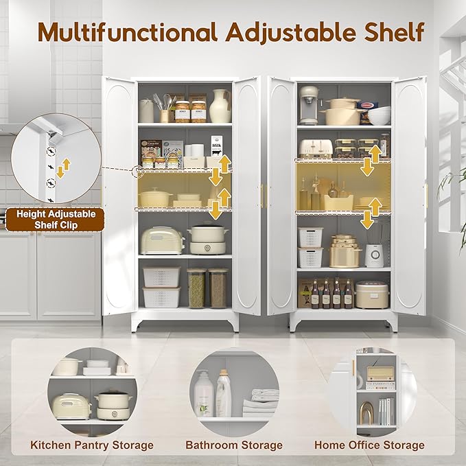 75" Tall Pantry Storage Cabinet, Tall Kitchen Pantry Storage Cabinet with Doors and 4 Adjustable Shelves, Freestanding Cupboard for Kitchen, Dining Room, Living Room, Bathroom, White