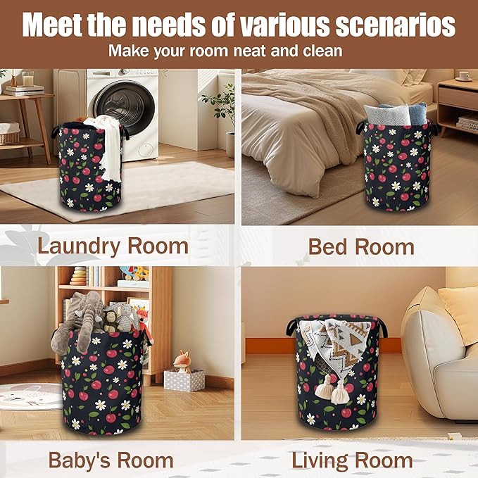 Laundry Hamper,Cherry Collapsible Laundry Baskets Waterproof Oxford Cloth With Handles,Clothes Storage Bucket Toy Organizer For Bathroom/Nursery/Bedroom 16" x 20.8"
