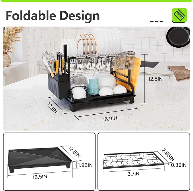 HomeCurated 2-Tier Foldable Dish Drying Rack with Drainboard, Stainless Steel Large Capacity Kitchen Counter Organizer with Cup Holder, Utensil & Cutting Board Storage, No Assembly Required, Black