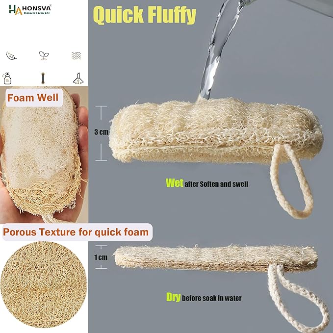 HONSVA Loofah Natural Kitchen Sponge (5 Pcs), No Scratch Scrubber for Dish Cleaning, 100% Plant Based Vegetable Scrubber, Zero Waste and Eco Friendly Sponge for Kitchen (3 Pcs Oval+2 Pcs Rectangular)