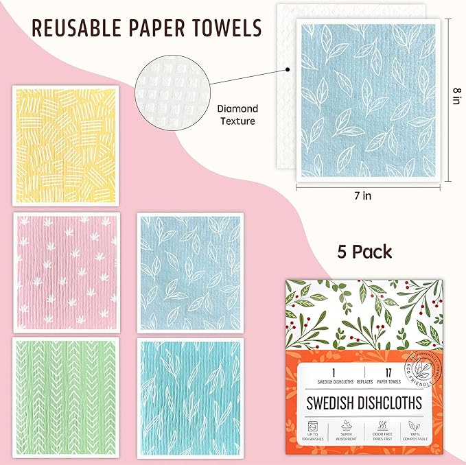 Augine Swedish Dishcloths for Kitchen, 5 Pack Reusable Paper Towels Washable, Super Absorbent Swedish Dish Cloths, Non-Scratch, No Odor