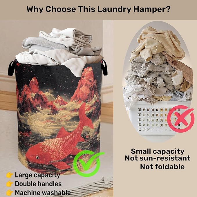 Japanese Style Red Fish Laundry Basket - Heavy Duty 60L Dirty Clothes Organizer, Water Resistant Foldable Hamper for Men Women