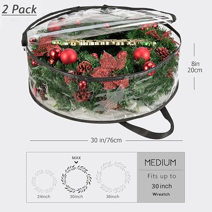 CINPIUK Clear Wreath Storage Bag 30 Inch, Christmas Container, Heavy Duty Protector With Handle for Holiday Seasonal Garland, 2Pcs