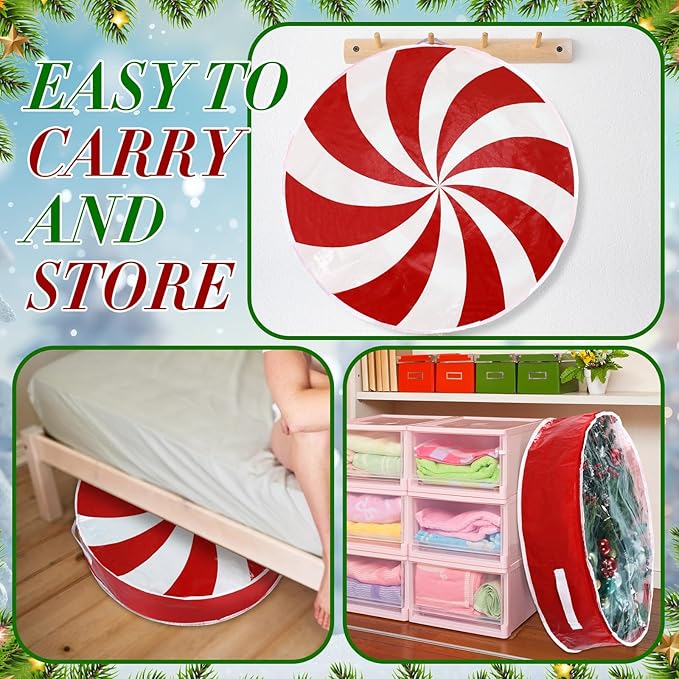 4 Pcs 36 Inch Christmas Wreath Storage Bag Candy Cane Wreath Storage Container Clear Window Dual Zipper Handle Red White Peppermint Garland Organizer for Holiday Decoration, Cute Lollipop