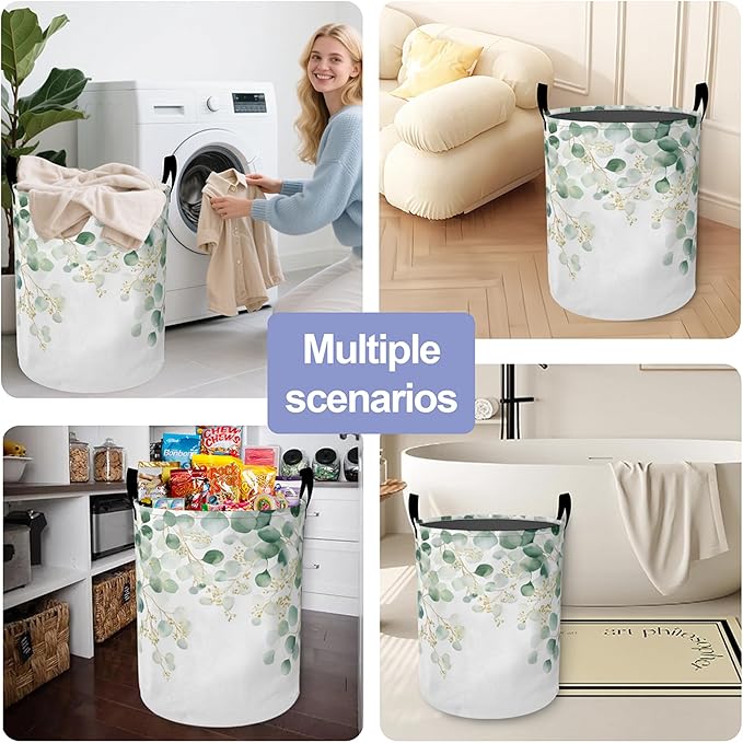Laundry Basket,Vintage Eucalyptus Leaves Large Canvas Fabric Lightweight Storage Hamper Organizer Dirty Clothes Collapsible Waterproof for College Dorms,Bathroom
