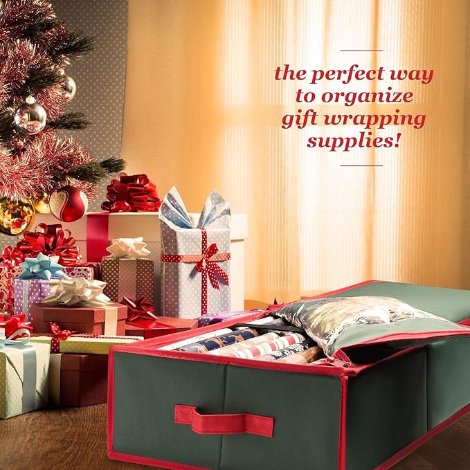 Premium Wrapping Paper Organizer Storage | Gift Wrap Holder With Extra Pockets for Christmas Decorations, Reinforced Handles, Heavy Duty, Ultra-Durable, Tear-Proof Fabric - Fits Up to 27 Rolls (Green)