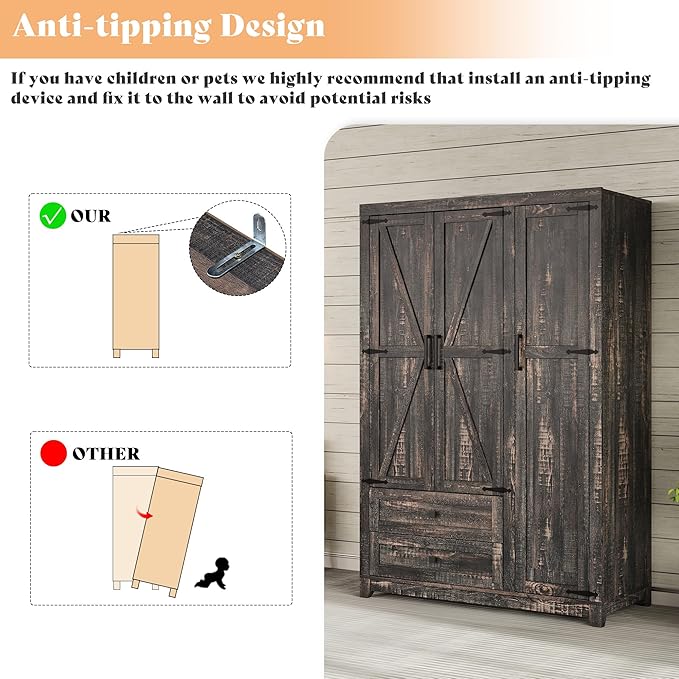 AMERLIFE Farmhouse 3 Door Wardrobe Closet with 2 Drawers & Hanging Rod, 47" Large Armoire Storage Cabinet with Adjustable Shelves, Freestanding Clothing Organizer for Bedroom, Black Oak