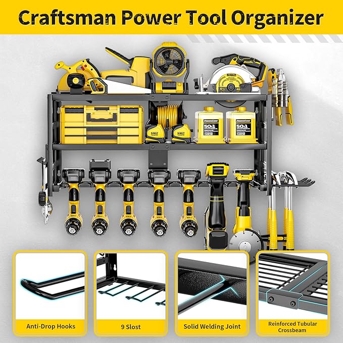 SEENWUUN Power Tool Organizer Wall Mount Heavy Duty 320 lbs, 3 Layers Storage Rack with 9 Drill Holders & Battery Storage, cordless tool organizer for Garage, Workshop & Tool Room