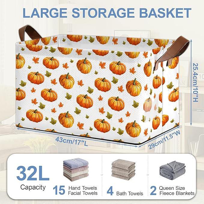 Pumpkin Maple Leaf Storage Basket with Handles,Thanksgiving Collapsible Rectangle Organizer Bin for Room Decoration Books Box Baskets 17x11.5x10Inch
