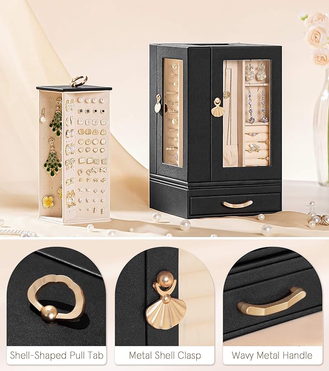 Jewelry Box large for Dresser: Women Necklace Ring Storage Organizer with Compartments - Elegant Earring Holder Display (Black)