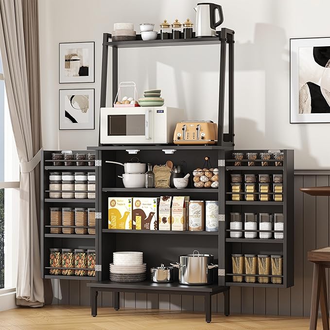 Semoic 51" Pantry Cabinet, Kitchen Storage Cabinet with Storage Shelves, Modern Kitchen Hutch with Microwave Stand, Adjustable Shelves, Food Pantry Cabinet for Dining Room (Black)