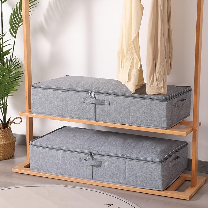 YheenLf Underbed Storage Organizers, 23.6 x 11.8 x 5.9 Inch Fabric Container Bags with Lids, Storage Boxes for Blanket, Pillows, Shoes, Grey, 3 Pack