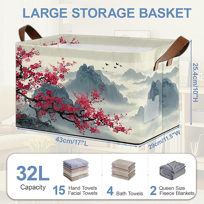 Cherry Blossom Collapsible Storage Box,Moutain Japan Organizer Bin with Handles for Room Decoration,Bins Book Basket Box 17x11.5x10Inch