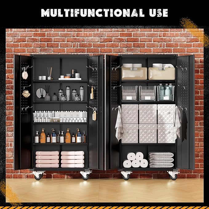 Greenvelly Metal Storage Cabinet with Wheels, Lockable 72" Black Metal Garage Cabinets with 2 Doors and 4 Adjustable Shelves, Rolling Steel Tool Cabinet for Garage, Home Office, School