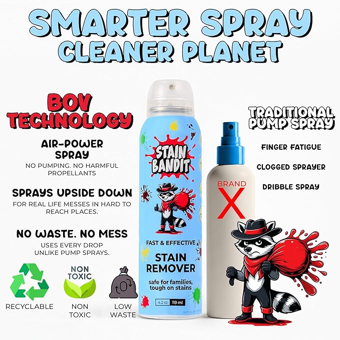 Stain Bandit Stain Remover Spray - Non-Toxic, Family Safe Formula - Bag-On-Valve 360 Continuous Spray - Powerful Natural Cleaner for Clothes, Upholstery, Carpet, Car Seats & More - 4.2 oz