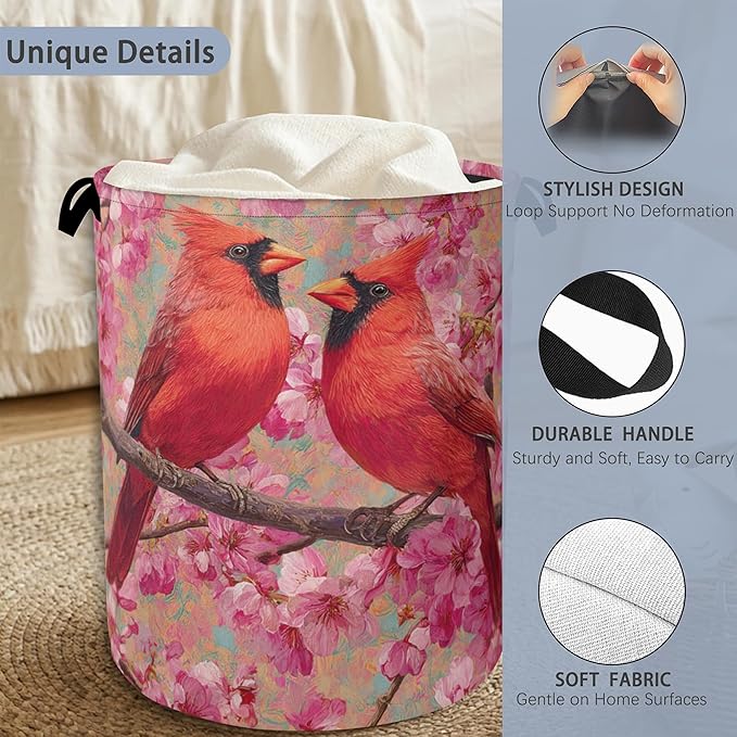 Red Cardinal Laundry Hamper,Cherry Blossoms Dirty Clothes Laundry Basket with Handles Waterproof Oxford Cloth Storage Basket for College Dorms Bathroom Bedroom 16" x 20.8"