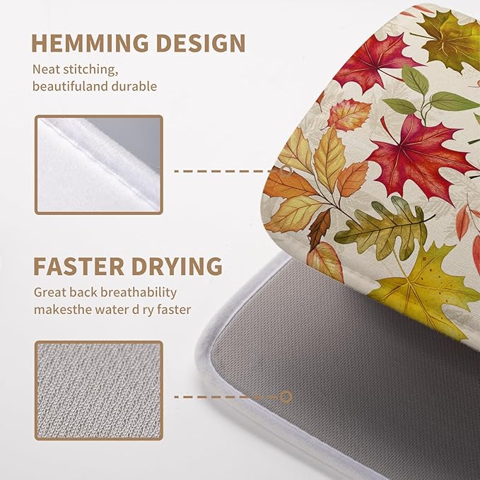 Wnoesat Fall Drying Mat for Kitchen Counter 16 x 18 Inch Maple Leaves Autumn Thanksgiving Harvest Dish Drying Mats Absorbent Microfiber Dish Draining Washable Reversible Dishes Pad