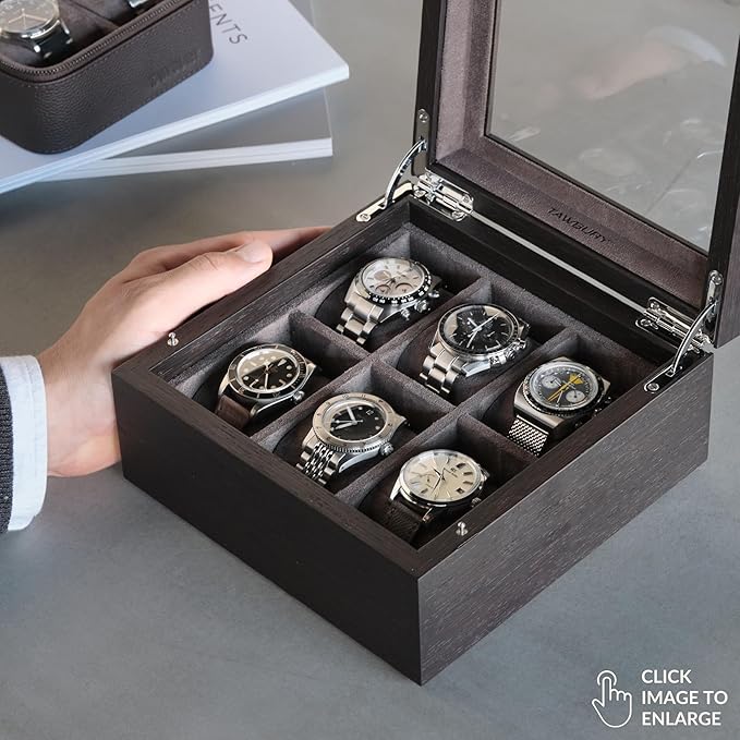 TAWBURY Wooden Watch Box Organizer for Men – 6 Slot Watch Box for Men | Luxury Watch Case for Men | Wood Watch Box Unisex | Wood Glass Watch Box Case Organizer | Wooden Watch Boxes for Men 6 Slot