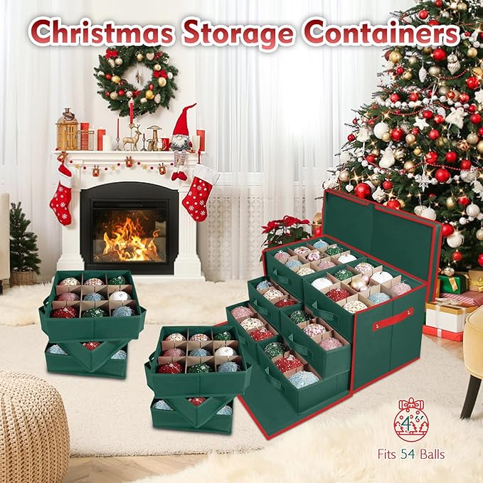 Large Christmas Ornament Storage Box with 6 Drawer Style Trays Fits 54 of 4" Ornament Balls - Side Opening, Christmas Container Perfect for Holiday Decorations, 600D Oxford Fabric Tear-Proof
