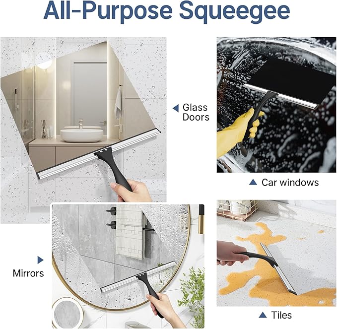 AmazerBath Squeegee for Shower Glass Door, Shower Squeegee for Glass Doors - All-Purpose Squeegee with Hook for Shower Doors, Windows, Mirrors, Tiles and Car Glass, 12 Inches