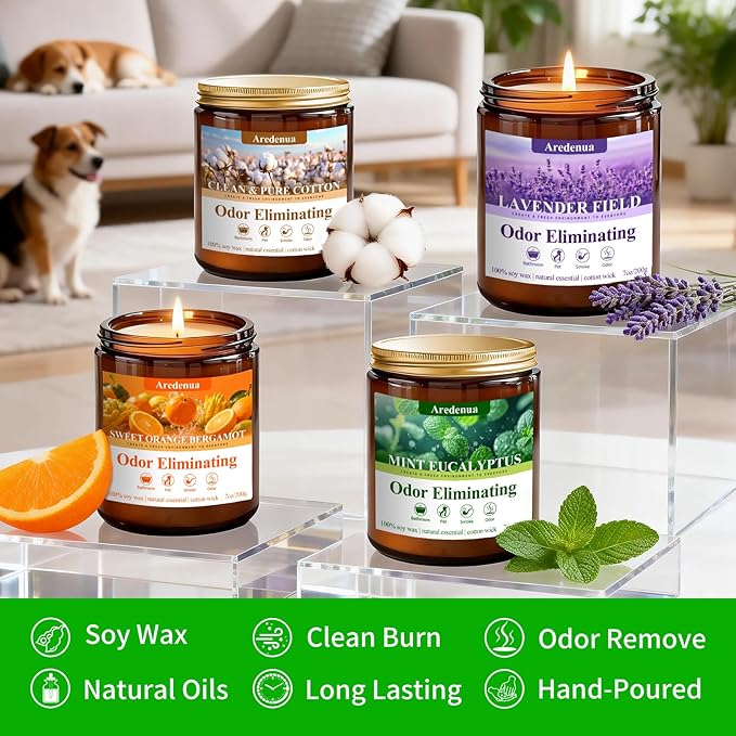 4 Pack Odor Eliminating Candles Set - Eliminates 95% of Pet, Bathroom, Food & Other Smells - Hand Poured Non-Toxic Soy Candle, Air Freshing Scent of Lavender/Orange/Mint/Cotton - Gifts Set for Women