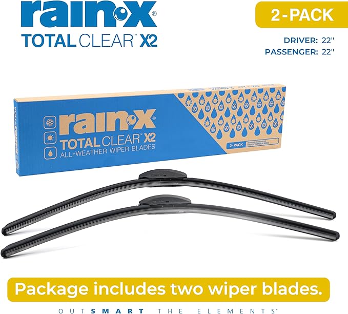 Rain-X 810329 Total Clear Beam Wiper Blades 22" & 22" Windshield Wipers for All-Weather Performance, Rubber Squeegee for Smooth Clean Wipe & Quiet Operation - 2 Pack Value