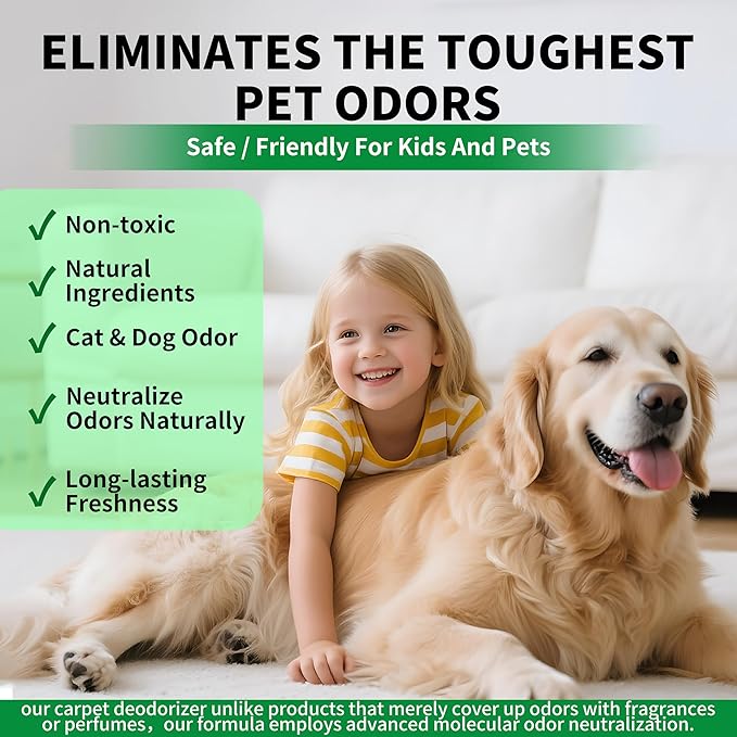 Maebho Carpet Deodorizer Freshener Powder for Pets - Pet Odor Eliminator for Urine, Feces & Vomit | Lemon Scent, Natural Ingredients Safe for Kids & Pets | 21 Oz