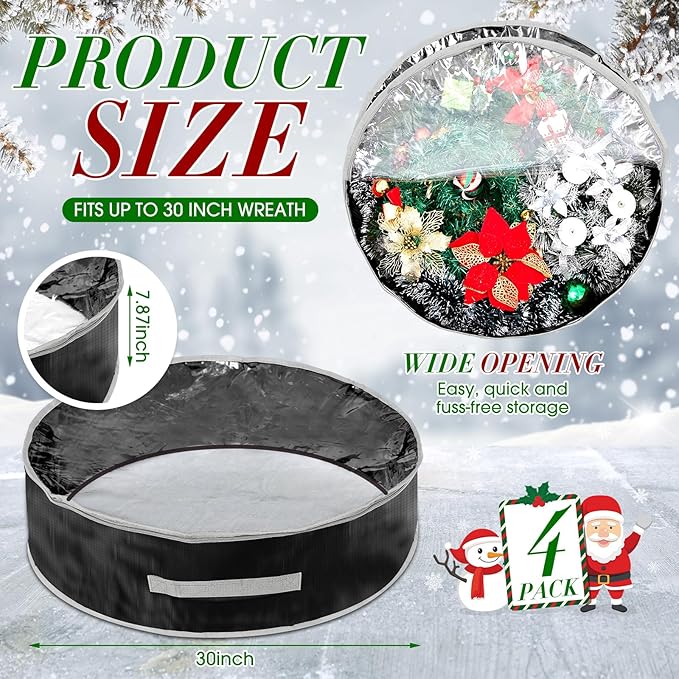 4 Pcs Christmas Wreath Storage Bag, Christmas Garland Storage Container with Clear Window, Zipper & Handle for Xmas Holiday Seasonal Wreath Garland Box(Black,30")