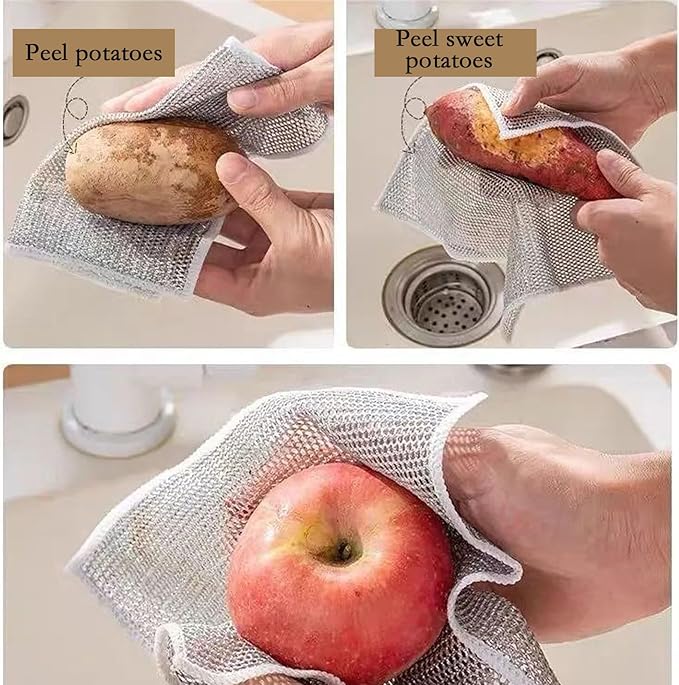 xingjieyun 10-Pack Double-Layer Dry/Wet Dual-Use Metal Wire Non-Scratch Cloth Multi-Purpose Magic Cleaning Cloth Silver Wire Dish Cloth for Cookware, Tableware, Sink, Stove Cleaning, etc.(10PCS)