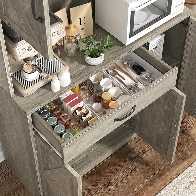 71" Pantry Cabinet with Charging Station, Large Capacity Kitchen Hutch Storage Cabinet, Kitchen Cabinet with Microwave Stand, Storage Drawers & Adjustable Shelves for Dining Room, Grey