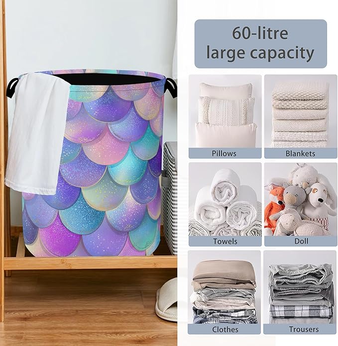Glitter Fish Scales Laundry Hamper,Mermaids Dirty Clothes Laundry Basket with Handles Waterproof Oxford Cloth Storage Basket for College Dorms Bathroom Bedroom 16" x 20.8"