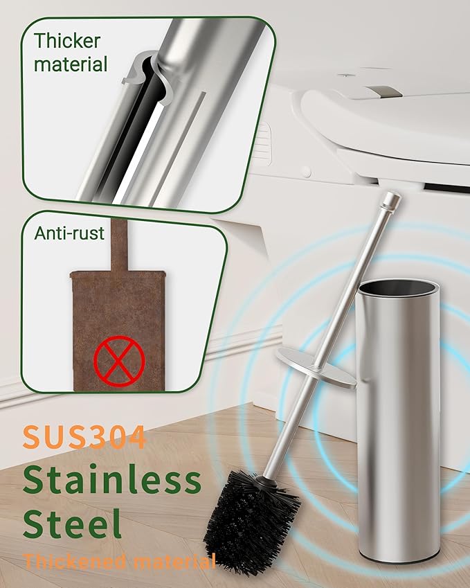 WZKALY Toilet Brush and Holder Set, Toilet Bowl Brush for Bathroom with Long Handle, Stainless Steel Toilet Cleaner Brush with Durable Scrubbing Bristles,Splash-Proof (Brushed Nickel)