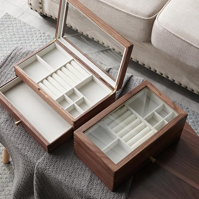 Beexchange Black Walnut Wooden Jewelry Box - Allwood, Handcrafted, Glass Lid 1 drawer. Gift for Women, Men, and Girls. Jewelry Organizer Storage(Double-Layer)