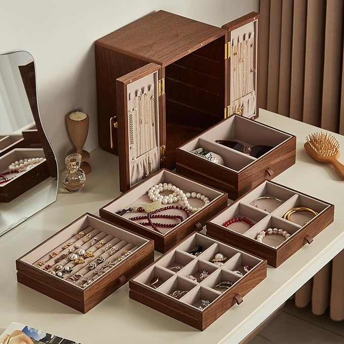 CHOSIN Black Walnut Wooden Jewelry Box 5 Layer Large Wood Jewelry Organizer Brass Handle for Necklaces Rings Earrings Watches Storage Valentines Day Gifts for Her(7.9x8.7x10.0inches)