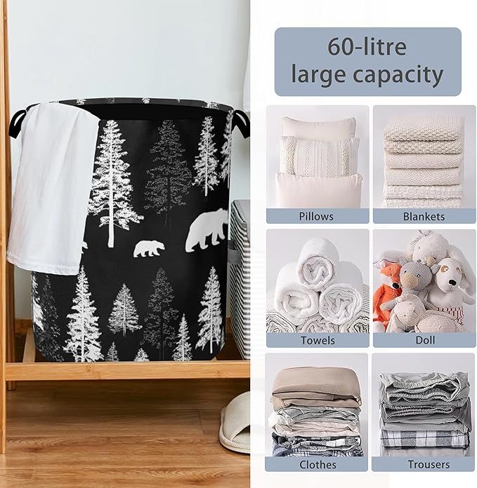 Bear Forest Laundry Basket,Winter Foldable with Handles Tote Bag Oxford Cloth for Bathroom Bedroom Dirty Clothes Storage Bucket 16" x 20.8"