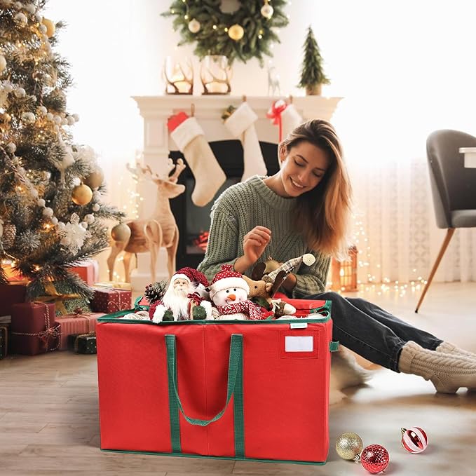 Large Christmas Ornament Storage Box Stores Up to 80 Ornaments with Reinforced Handle and Double Zipper Decorative Ornament Storage Container Xmas Decoration Storage Box (Red)